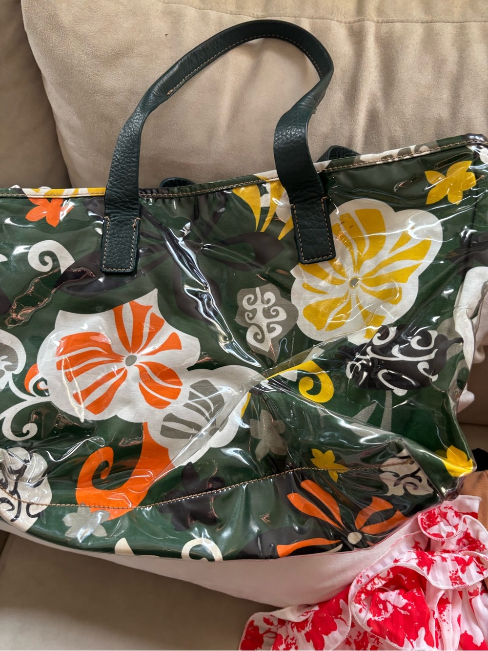 J crew Green Floral Tote Bag with Orange & Yellow Accents